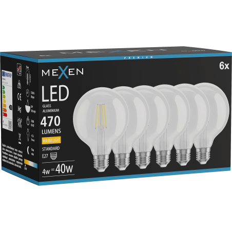 Mexen Vintis 6x LED филамент крушка E27, G95, 4W, Топла - 2700K, 470 lm, прозрачна