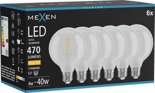 Mexen Vintis 6x LED филамент крушка E27, G95, 4W, Топла - 2700K, 470 lm, прозрачна
