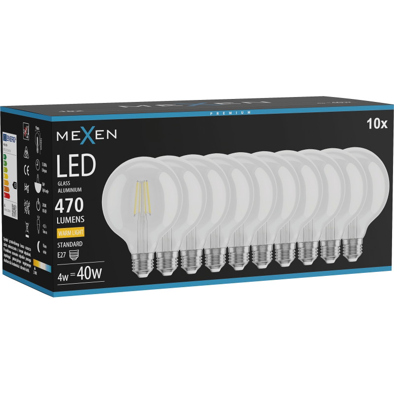Mexen Vintis 10x LED влакнеста крушка E27, G95, 4W, Топла - 2700K, 470 lm, прозрачна