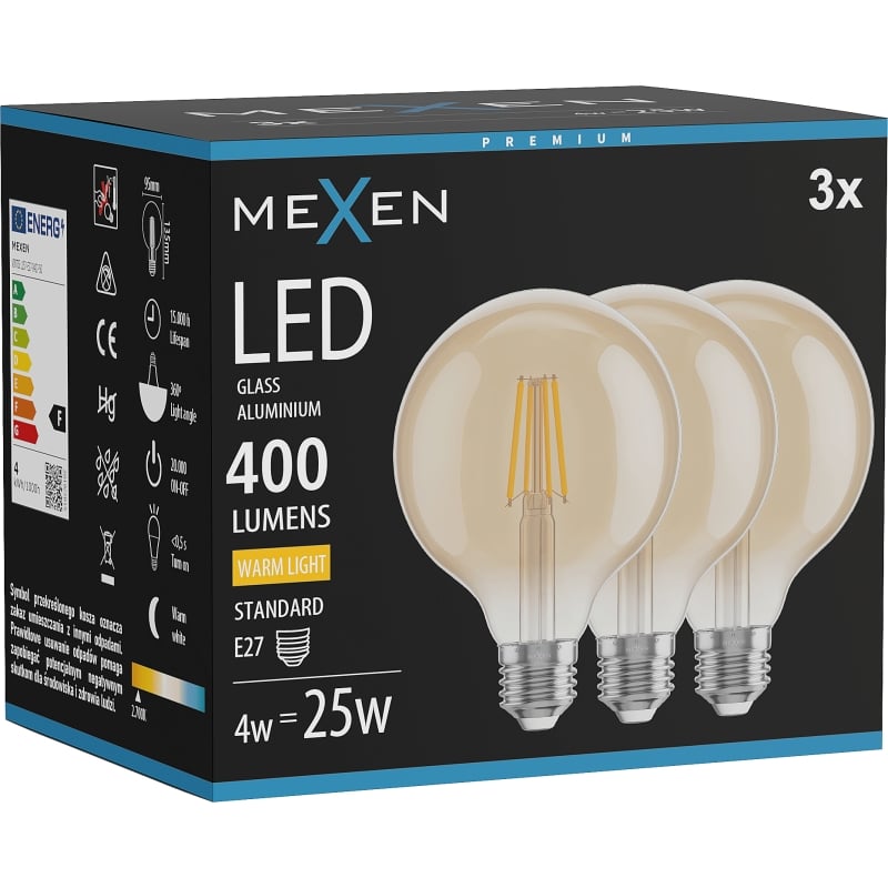 Mexen Vintis 3x LED филаментна крушка E27, G95, 4W, Топла - 2700K, 400 lm, кехлибар