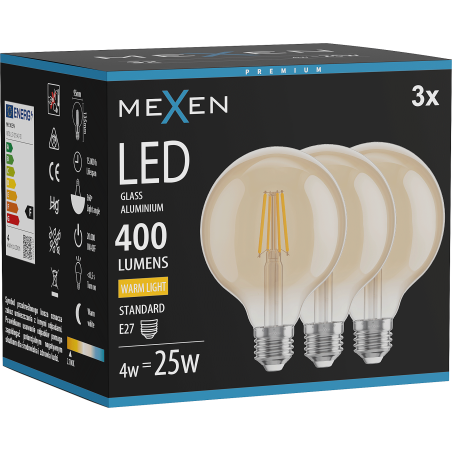Mexen Vintis 3x LED филаментна крушка E27, G95, 4W, Топла - 2700K, 400 lm, кехлибар