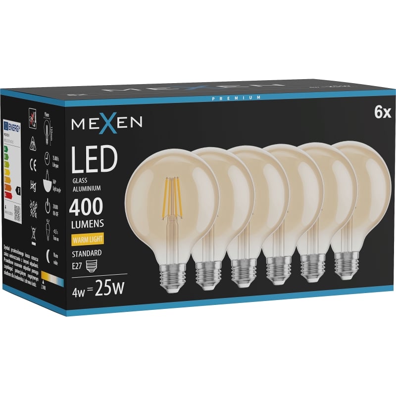 Mexen Vintis 6x LED филаментна крушка E27, G95, 4W, Топла - 2700K, 400 lm, кехлибар