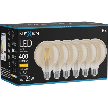 Mexen Vintis 6x LED филаментна крушка E27, G95, 4W, Топла - 2700K, 400 lm, кехлибар