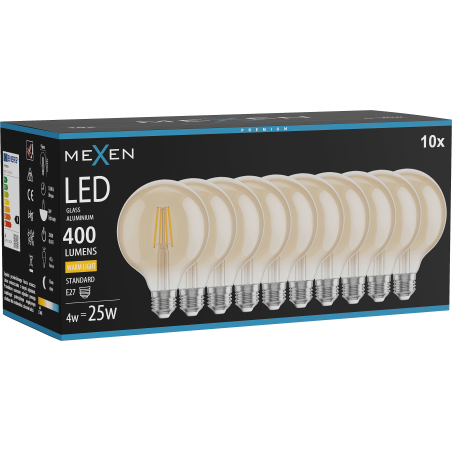 Mexen Vintis 10x LED филамент крушка E27, G95, 4W, Топла - 2700K, 400 lm, кехлибар