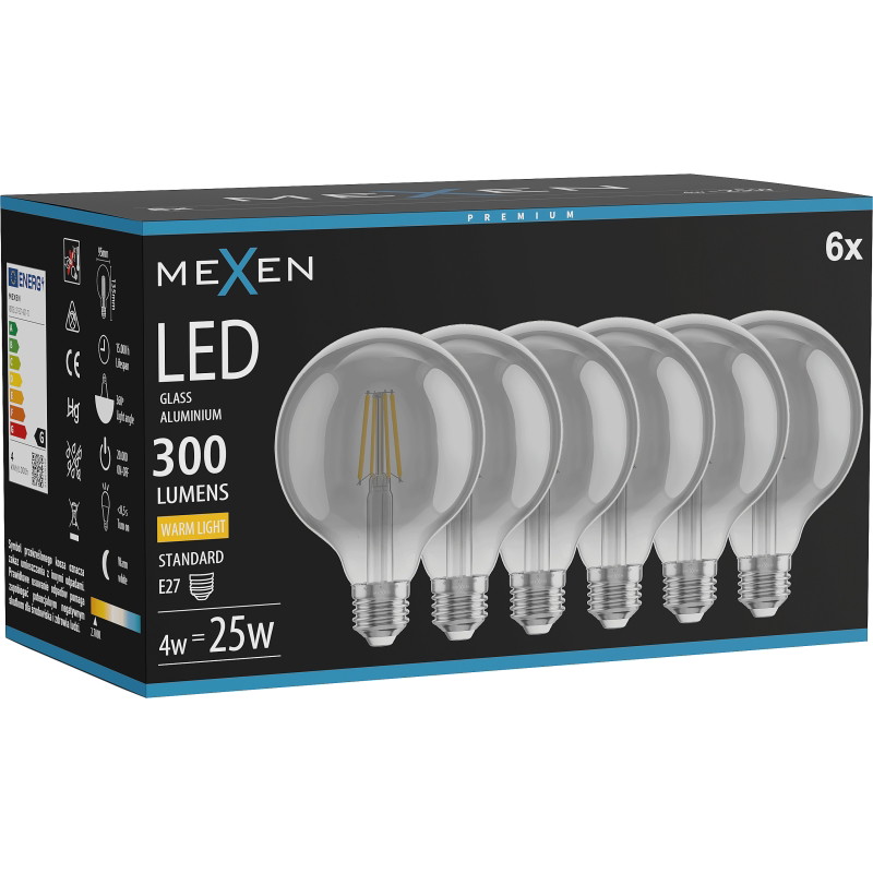 Mexen Vintis 6x LED влакнеста крушка E27, G95, 4W, Топла - 2700K, 300 lm, димна - L157-E27-0427-70x06