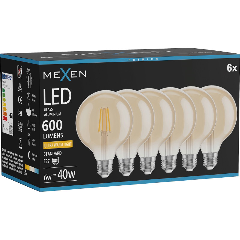 Mexen Vintis 6x LED нажежаема жичка E27, G95, 6W, Топла - 2200K, 600 lm, кехлибар
