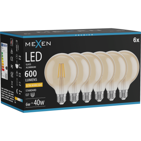 Mexen Vintis 6x LED нажежаема жичка E27, G95, 6W, Топла - 2200K, 600 lm, кехлибар