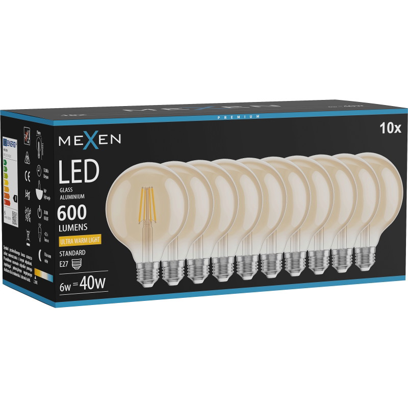 Mexen Vintis 10x LED Филамент крушка E27, G95, 6W, топла - 2200K, 600 lm, кехлибар