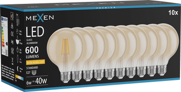 Mexen Vintis 10x LED Филамент крушка E27, G95, 6W, топла - 2200K, 600 lm, кехлибар
