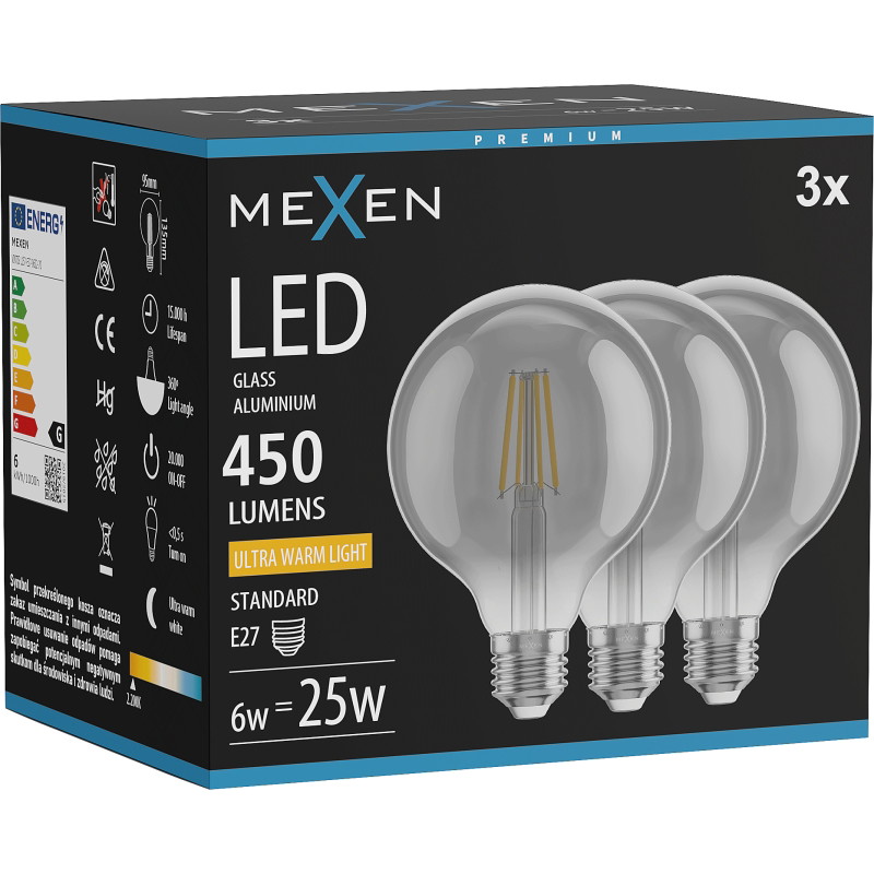 Mexen Vintis 3x LED филамент крушка E27, G95, 6W, Топла - 2200K, 450 lm, димна - L157-E27-0622-70x03