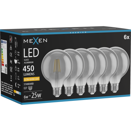 Mexen Vintis 6x LED енергоспестяваща лампа E27, G95, 6W, Топло - 2200K, 450 lm, димяща