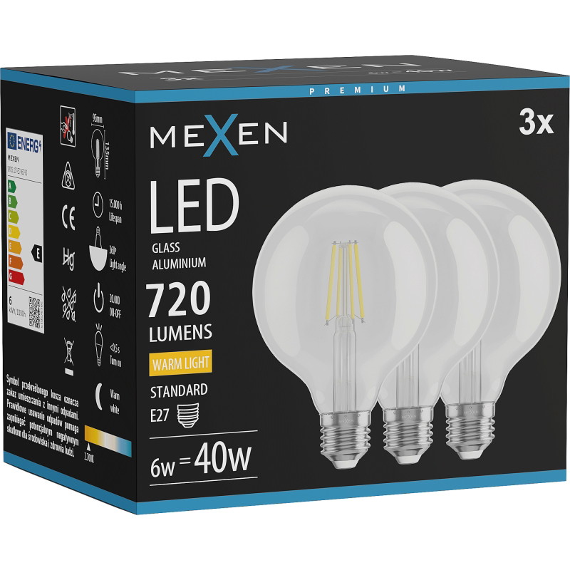 Mexen Vintis 3x LED крушка с нажежаема нишка E27, G95, 6W, Топла светлина - 2700K, 720 lm,