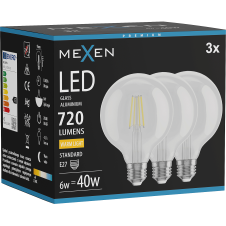 Mexen Vintis 3x LED крушка с нажежаема нишка E27, G95, 6W, Топла светлина - 2700K, 720 lm,