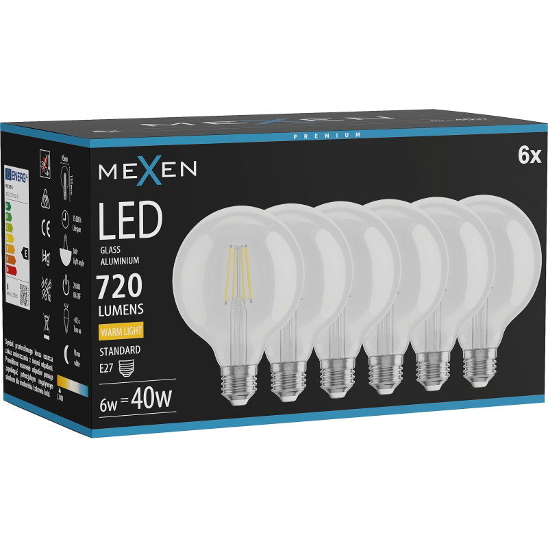 Mexen Vintis 6x LED нажежаема жичка крушка E27, G95, 6W, Топла - 2700K, 720 lm, прозрачна