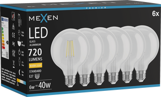 Mexen Vintis 6x LED нажежаема жичка крушка E27, G95, 6W, Топла - 2700K, 720 lm, прозрачна