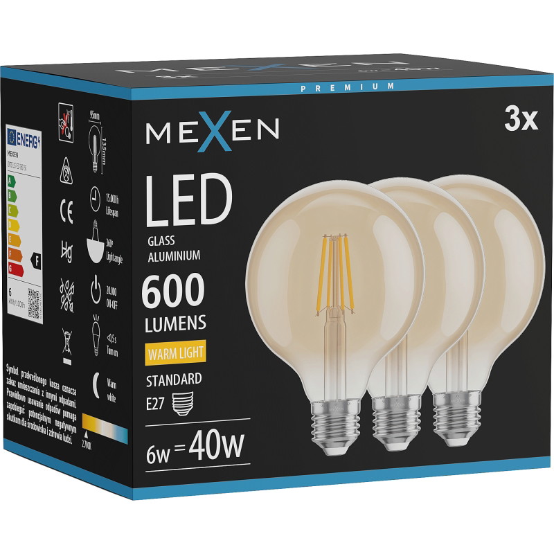 Mexen Vintis 3x LED нажежаема крушка, E27, G95, 6W, Топла - 2700K, 600 lm, кехлибар