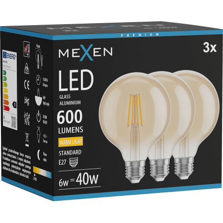 Mexen Vintis 3x LED нажежаема крушка, E27, G95, 6W, Топла - 2700K, 600 lm, кехлибар