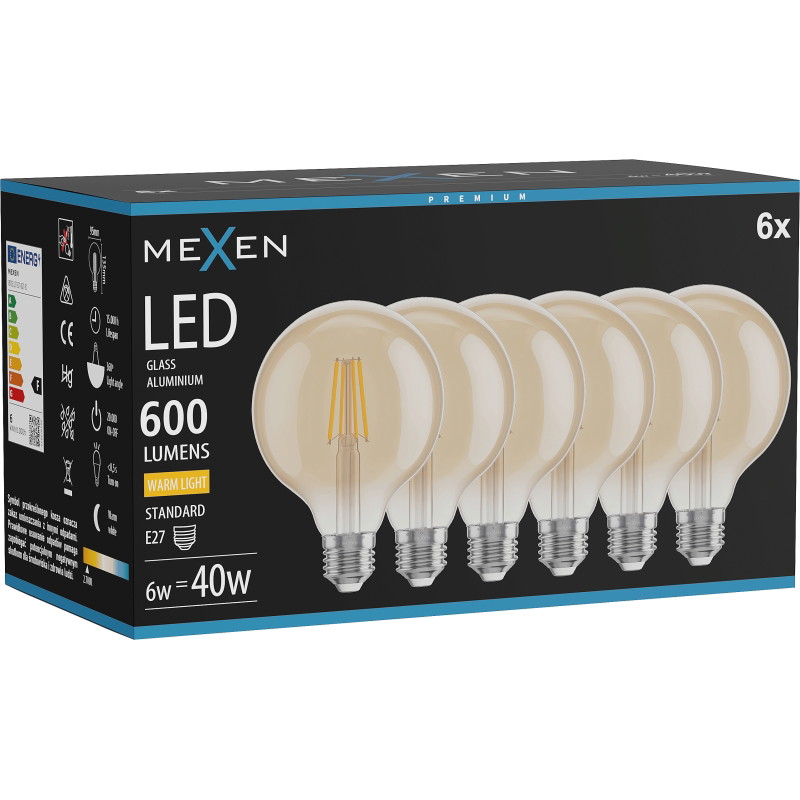 Mexen Vintis 6x LED филамент крушка E27, G95, 6W, Топла - 2700K, 600 lm, кехлибар