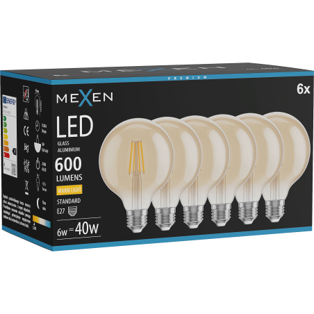 Mexen Vintis 6x LED филамент крушка E27, G95, 6W, Топла - 2700K, 600 lm, кехлибар