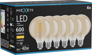 Mexen Vintis 6x LED филамент крушка E27, G95, 6W, Топла - 2700K, 600 lm, кехлибар