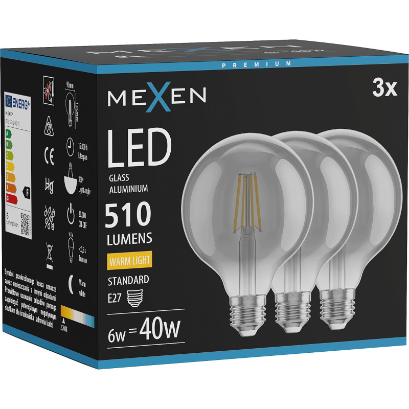 Mexen Vintis 3x LED филаментна крушка E27, G95, 6W, Топла - 2700K, 510 lm, опушена