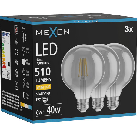 Mexen Vintis 3x LED филаментна крушка E27, G95, 6W, Топла - 2700K, 510 lm, опушена