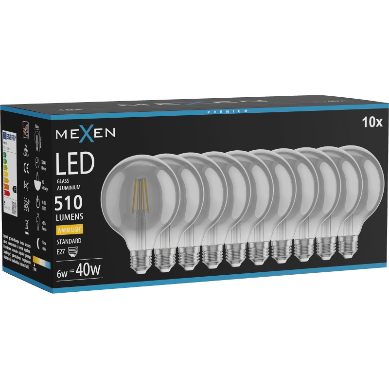 Mexen Vintis 10x LED Филамент Крушка E27, G95, 6W, Топла - 2700K, 510 lm, пушек - L157-E27-0627-70x10