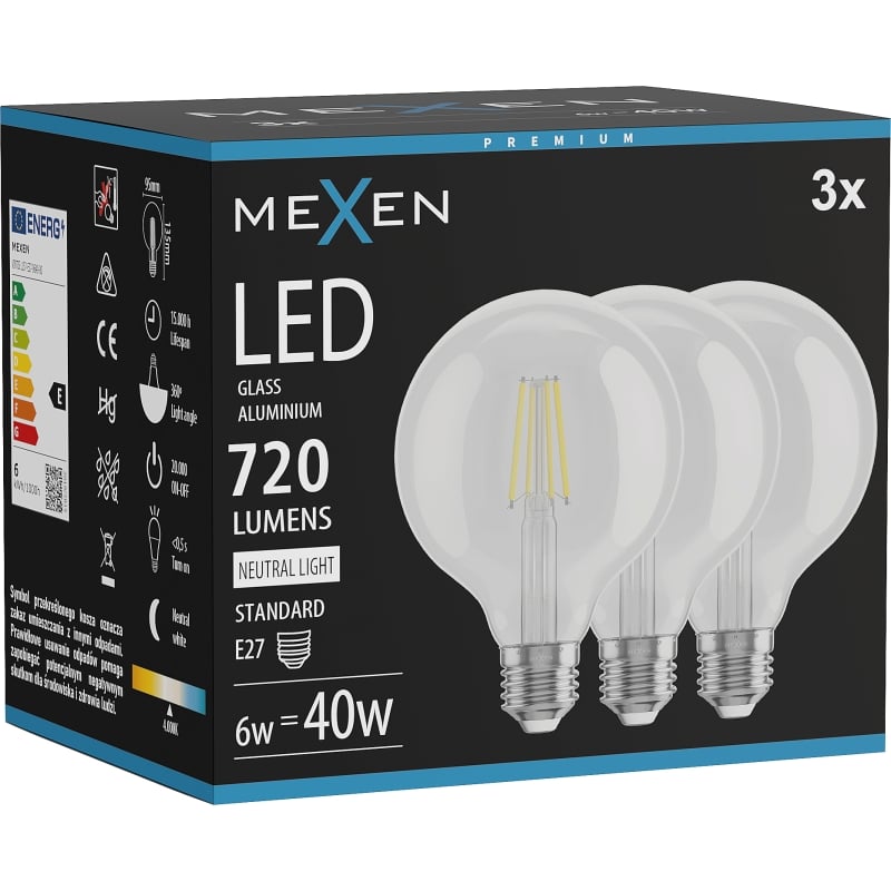 Mexen Vintis 3x LED филаментна крушка E27, G95, 6W, Неутрална - 4000K, 720 lm, прозрачна