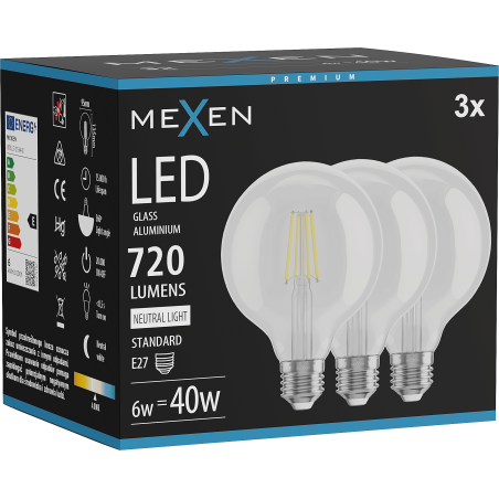 Mexen Vintis 3x LED филаментна крушка E27, G95, 6W, Неутрална - 4000K, 720 lm, прозрачна