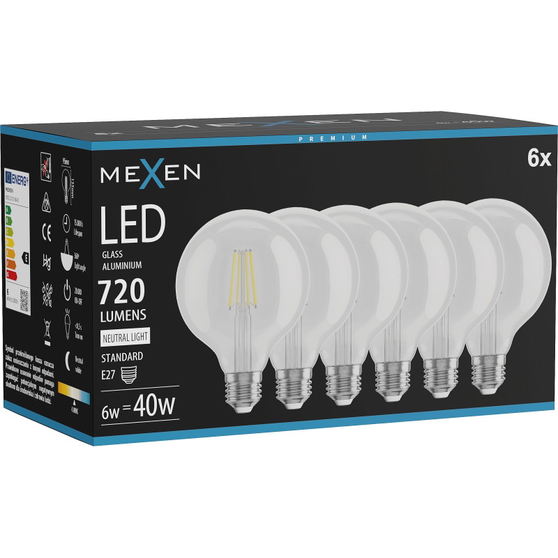 Mexen Vintis 6x LED Лампа на нажежаема жичка E27, G95, 6W, Неутрална - 4000K, 720 lm,