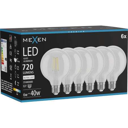 Mexen Vintis 6x LED Лампа на нажежаема жичка E27, G95, 6W, Неутрална - 4000K, 720 lm,