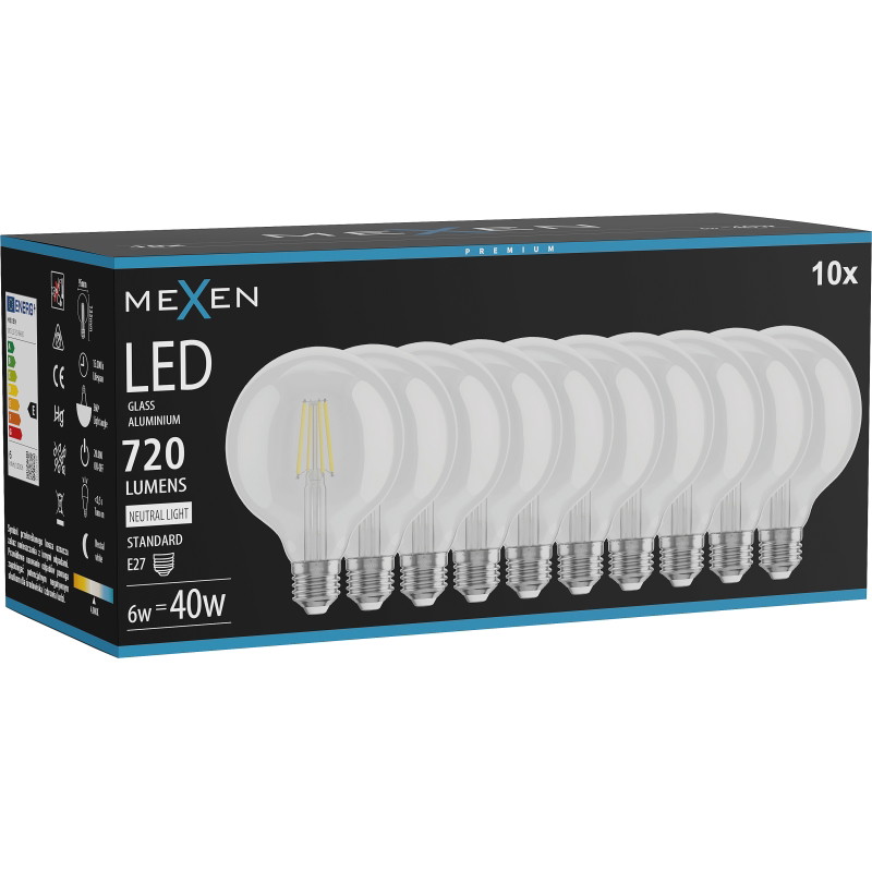Mexen Vintis 10x LED филаментна крушка E27, G95, 6W, Неутрална - 4000K, 720 lm, прозрачна