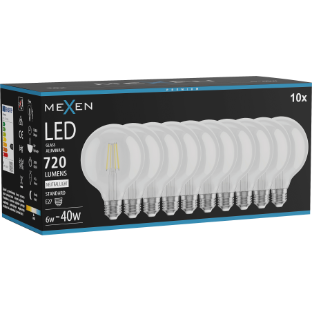 Mexen Vintis 10x LED филаментна крушка E27, G95, 6W, Неутрална - 4000K, 720 lm, прозрачна