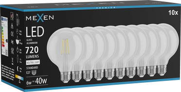Mexen Vintis 10x LED филаментна крушка E27, G95, 6W, Неутрална - 4000K, 720 lm, прозрачна