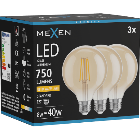 Mexen Vintis 3x LED филамент крушка E27, G95, 8W, Топла - 2200K, 750 lm, кехлибар