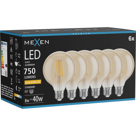 Mexen Vintis 6x LED филамент крушка E27, G95, 8W, Топла - 2200K, 750 lm, кехлибар
