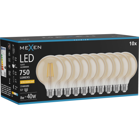 Mexen Vintis 10x LED филамент крушка E27, G95, 8W, Топла - 2200K, 750 lm, амбър - L157-E27-0822-50x10
