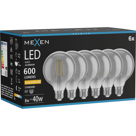 Mexen Vintis 6x LED филамент крушка E27, G95, 8W, Топло - 2200K, 600 lm, димно - L157-E27-0822-70x06