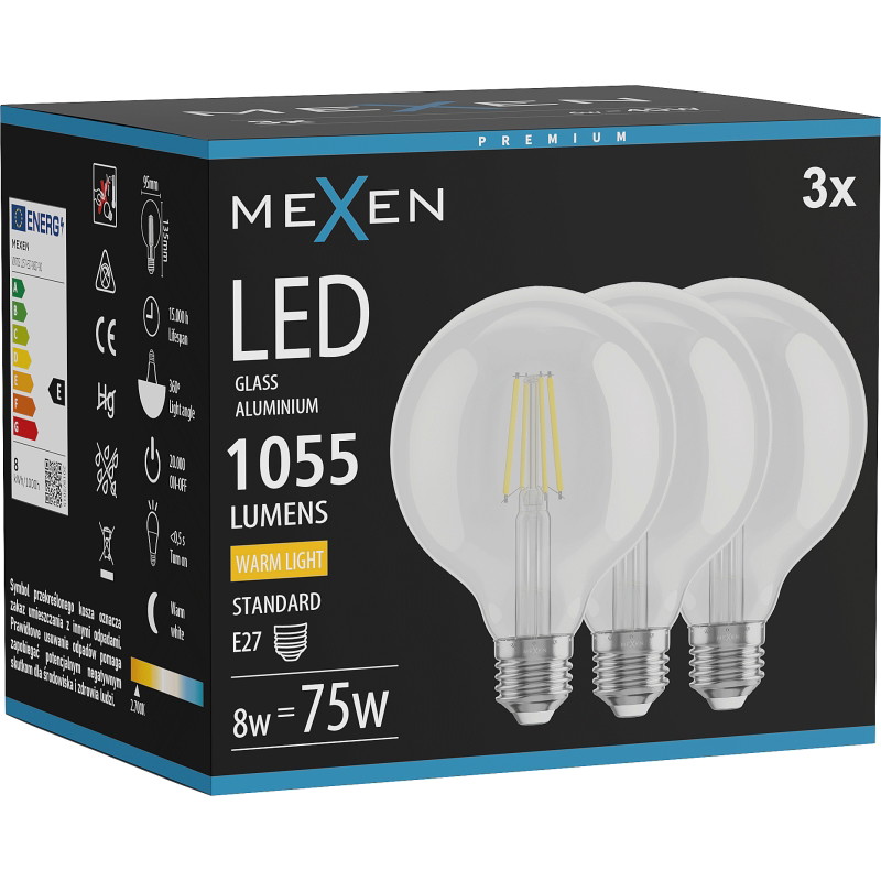 Mexen Vintis 3x LED филамент крушка E27, G95, 8W, Топла - 2700K, 1055 lm, прозрачна