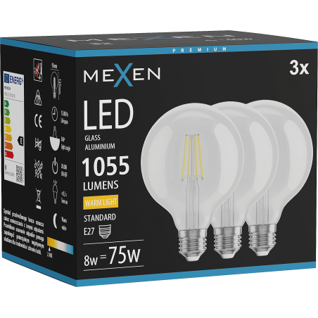 Mexen Vintis 3x LED филамент крушка E27, G95, 8W, Топла - 2700K, 1055 lm, прозрачна