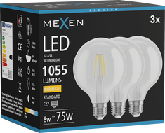 Mexen Vintis 3x LED филамент крушка E27, G95, 8W, Топла - 2700K, 1055 lm, прозрачна
