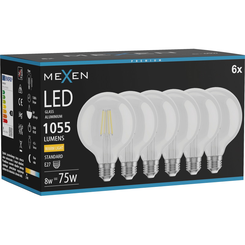 Mexen Vintis 6x LED нишкова крушка E27, G95, 8W, Топла - 2700K, 1055 lm, прозрачна
