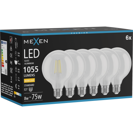 Mexen Vintis 6x LED нишкова крушка E27, G95, 8W, Топла - 2700K, 1055 lm, прозрачна
