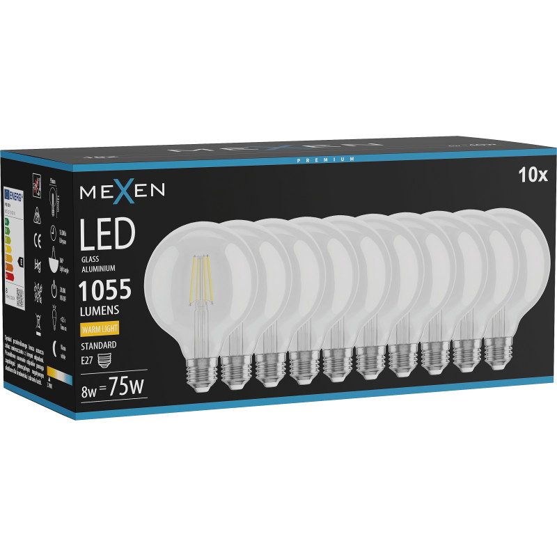 Mexen Vintis 10x LED влакнеста крушка E27, G95, 8W, Топла - 2700K, 1055 lm, прозрачна