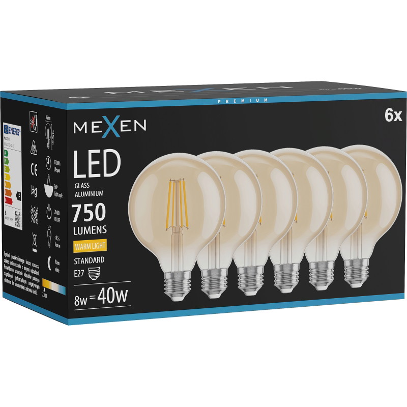 Mexen Vintis 6x LED Филаментна крушка E27, G95, 8W, Топла - 2700K, 750 lm, кехлибарена