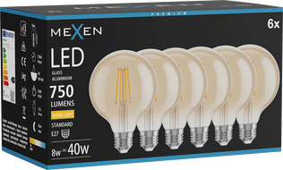 Mexen Vintis 6x LED Филаментна крушка E27, G95, 8W, Топла - 2700K, 750 lm, кехлибарена
