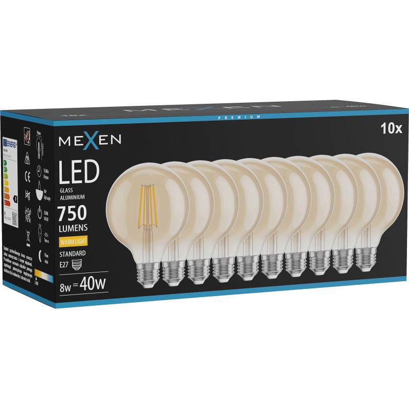 Mexen Vintis 10x LED филaмент крушка E27, G95, 8W, Топла - 2700K, 750 лм, кехлибар