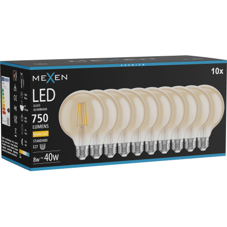 Mexen Vintis 10x LED филaмент крушка E27, G95, 8W, Топла - 2700K, 750 лм, кехлибар