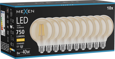 Mexen Vintis 10x LED филaмент крушка E27, G95, 8W, Топла - 2700K, 750 лм, кехлибар