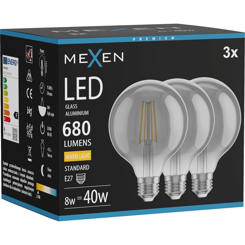 Mexen Vintis 3x LED крушка с нажежаема жичка E27, G95, 8W, Топла - 2700K, 680 lm, опушена